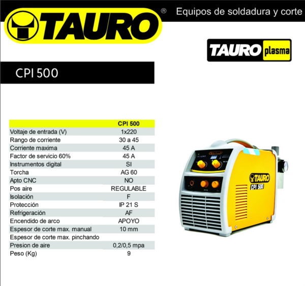 EQUIPO DE CORTE PLASMA INVERTER TAURO CPI 500 M