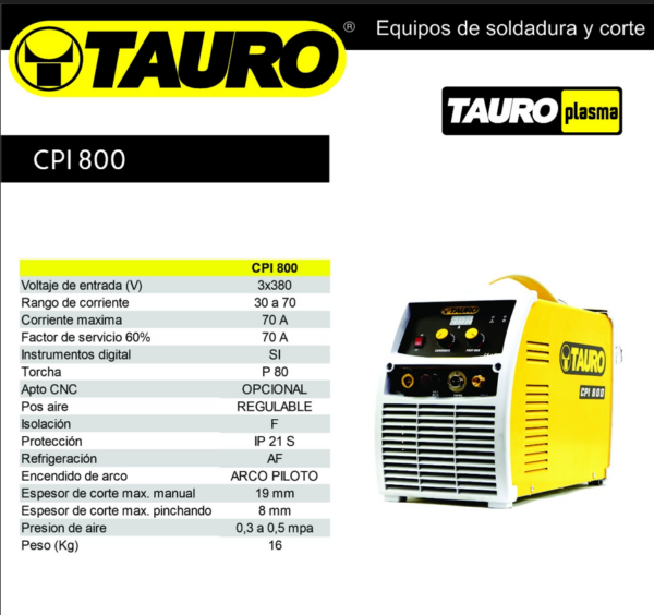EQUIPO DE CORTE PLASMA INVERTER TAURO CPI 800