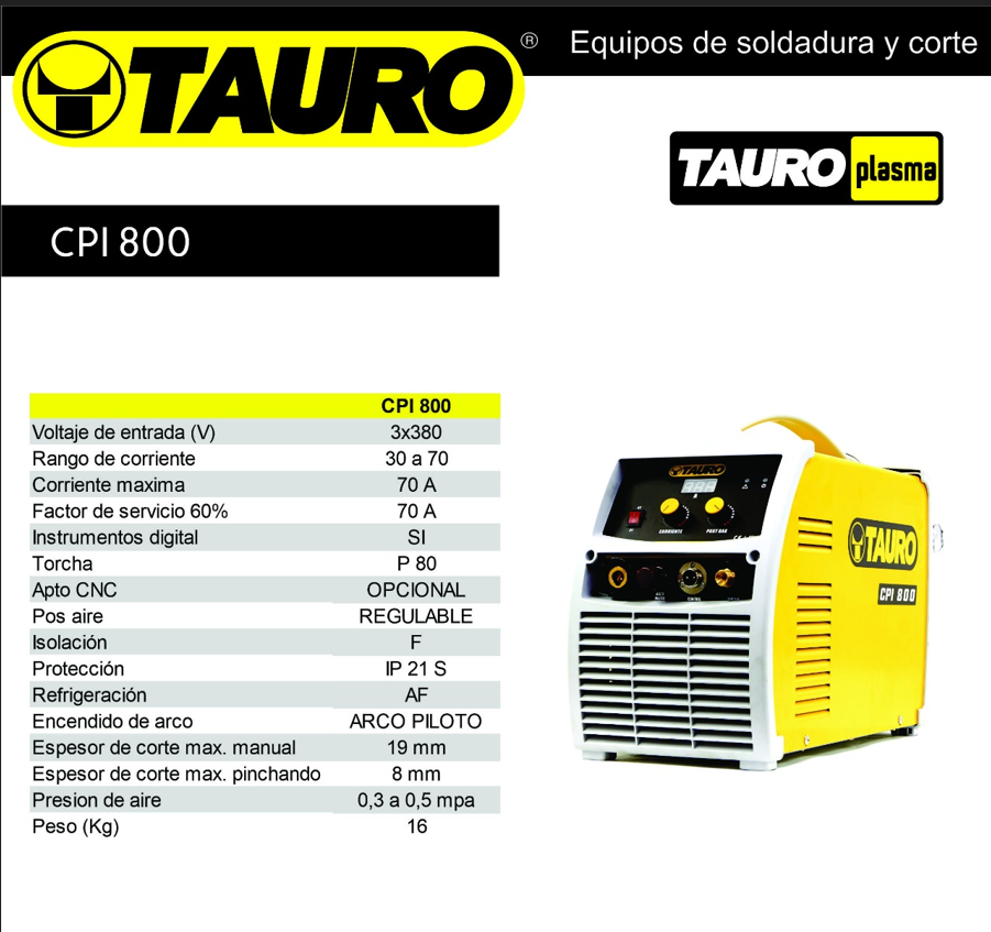 EQUIPO DE CORTE PLASMA INVERTER TAURO CPI 800: imagen 1
