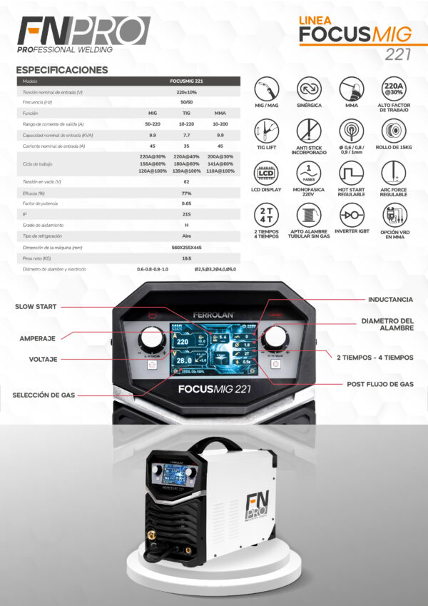 EQUIPO INVERTER MIG/MMA/TIG FERROLAN FOCUSMIG 221