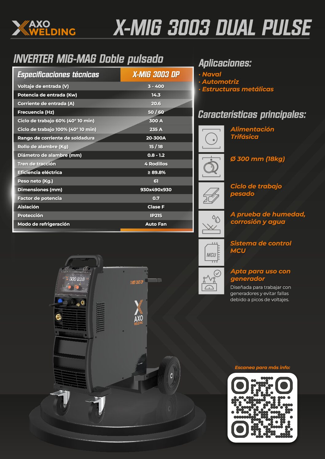 EQUIPO INVERTER MIG AXO X-MIG 3003 DUAL PULSE 300A: imagen 2